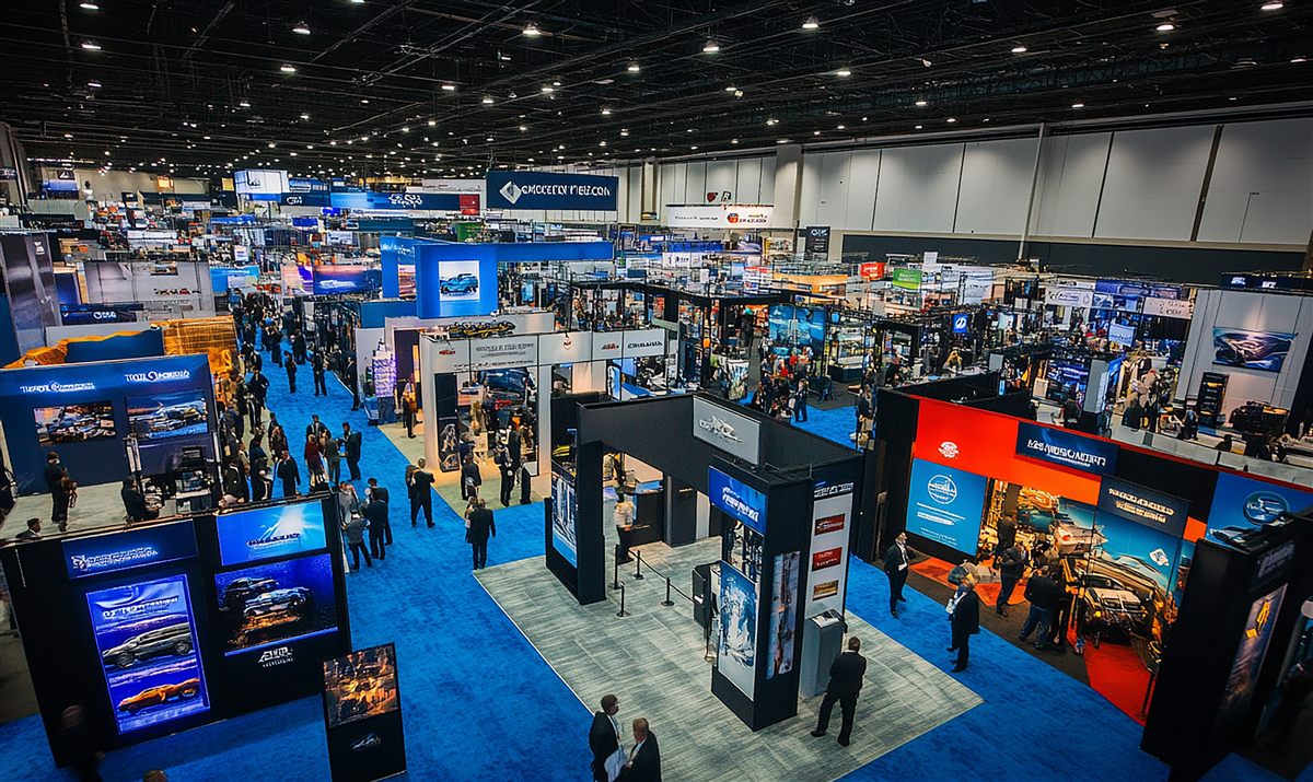 Convention and trade show floor with booths and equipment rentals
